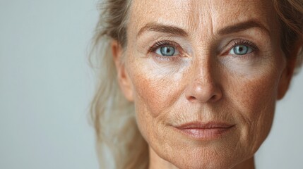 Wall Mural - Before and after photos of a problematic face and healthy skin. Close Up Portrait of a Mature Woman with Freckles and Blue Eyes