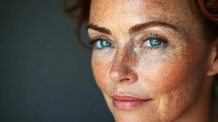 Wall Mural - Before and after photos of a problematic face and healthy skin. Close Up Portrait of a Woman with Freckles and Green Eyes