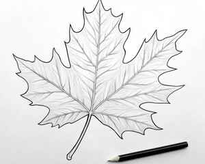 Wall Mural - Detailed pencil sketch of a maple leaf on white paper; art tutorial