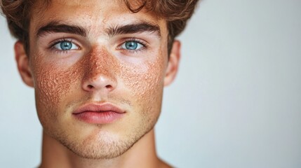 Wall Mural - Before and after photos of a problematic face and healthy skin. Close Up Portrait of a Young Man with Freckles and Blue Eyes