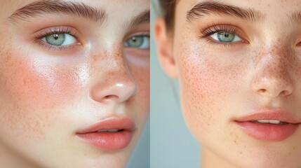 Wall Mural - Before and after photos of a problematic face and healthy skin. Closeup Portrait of a Young Woman with Glitter Makeup and Freckles