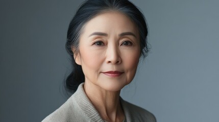 Wall Mural - asia Before and after photos of a problematic face and healthy skin. Portrait of a Mature Asian Woman with Calm Expression