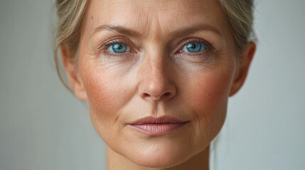 Wall Mural - Before and after photos of a problematic face and healthy skin. Close Up Portrait of a Mature Woman with Freckles and Blue Eyes