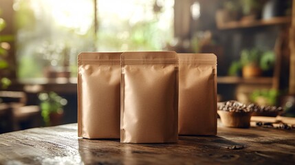 Wall Mural - Three kraft paper bags are displayed on a wooden table, surrounded by plants and a warm, inviting atmosphere.