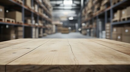 Wall Mural - Wooden table top on blurred warehouse background, product display montage