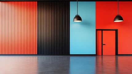 Wall Mural - Colorful Metal Wall with Red, Blue, and Black Panels: A modern, industrial-style metal wall featuring bold red, blue, and black vertical panels. 