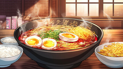 Wall Mural - Bowl of steaming spicy ramen noodles with bright red broth and garnishes served on a wooden table