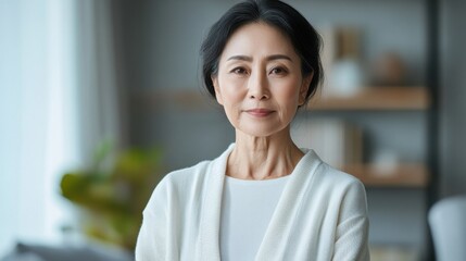 Wall Mural - asia Before and after photos of a problematic face and healthy skin. Portrait of a Mature Asian Woman with Calm Expression