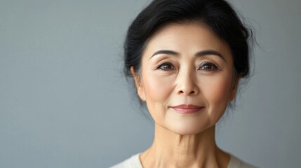 Wall Mural - asia Before and after photos of a problematic face and healthy skin. Portrait of a Mature Asian Woman with Freckles Against a Gray Background