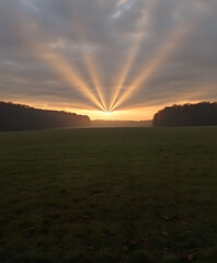 Poster - A breathtaking sunrise casts rays of light across a tranquil landscape, illuminating a serene field and framing distant trees under a cloudy sky