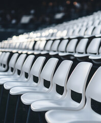 Poster - A series of white chairs arranged in neat rows, creating a clean and minimalist aesthetic, suitable for events or gatherings