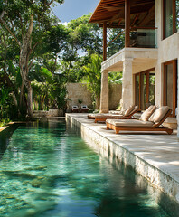 Poster - A serene outdoor space featuring a luxurious pool, surrounded by lush greenery and modern architecture, perfect for relaxation