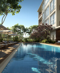 Poster - A serene swimming pool surrounded by lush greenery and shaded loungers, reflecting the clear blue sky and offering a tranquil escape