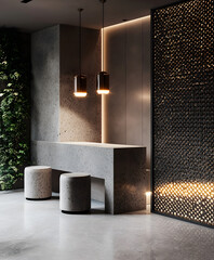Poster - A modern, minimalist interior featuring a stone counter, stylish lighting, and a green wall, creating a serene and elegant atmosphere