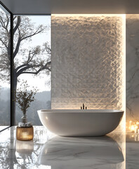 Poster - A serene bathroom featuring a modern freestanding tub, elegant marble surfaces, and large windows showcasing a tranquil outdoor view