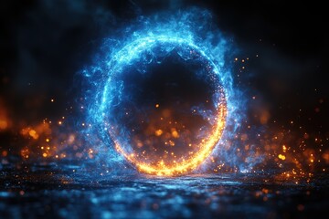 Poster - Abstract circular frame of glowing blue and orange particles against a dark background with fiery sparks and a reflective surface