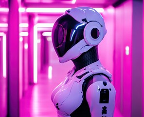 Poster - Exploring Futuristic Female Robot Design: Advanced Technology, AI, and Cyberpunk Aesthetics in Neon Corridor