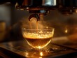 © MoriumAkter - Steaming Hot Coffee Being Poured into a Transparent Glass Cup with Rich Crema in a Cozy Café Setting with Warm Golden Bokeh Lights in the Background