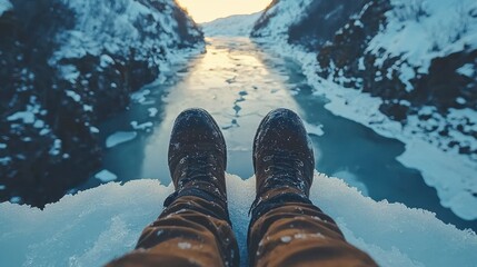 Wall Mural - Boots on snowy cliff edge overlooking icy river at sunset