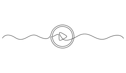 Poster - Continuous line drawing of Play button icon of start and pause playing music video and voice message in simple linear style vector illustration
