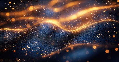 Abstract digital art, dynamic glowing particles,  flowing forms,  golden and blue tones,  dark background,  bokeh effect,  futuristic design