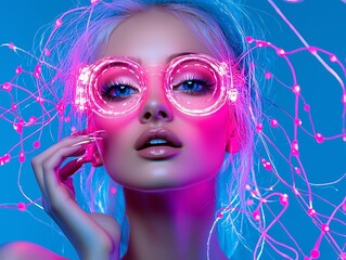 Poster - a conceptual fashion shoot blending infrared photography with cybernetic aesthetics, model with glow