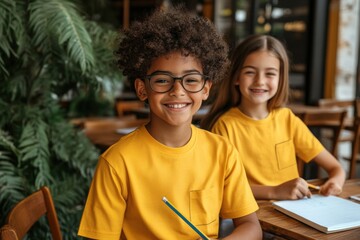 Two small children are sitting at a table with a pen and paper in their hands. They are smiling and seem to be enjoying what is happening. students are doing homework or a creative task.