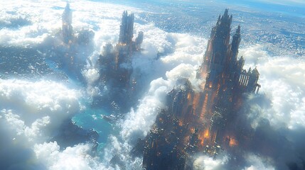 Poster - A dreamlike cityscape where traditional aerial photography is blended with digitally generated fantasy architecture, hyper-realistic yet surreal, glowing details, high-end artistic vision