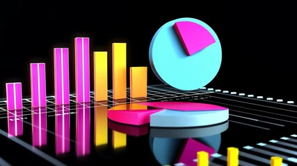 Poster - Colorful 3D Charts and Graphs on Black Background Data Visualization with Bar Graphs, Pie Charts, and Vibrant Colors for Statistical Analysis and Business Growth