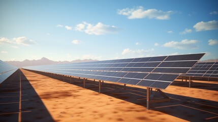 solar panel farm in a desert landscape, generating renewable energy under a bright sun,