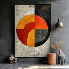 Wall Mural - Modern Abstract Art Installation with Geometric Shapes in a Stylish Interior Featuring Warm Colors and Minimalist Decor