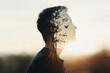 © kittikunfoto - Silhouette of a person blended with nature scene, showcasing connection with environment. Peaceful landscape, tree, bird imagery.
