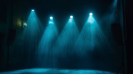 Wall Mural - stage with spotlights shining down, creating an atmosphere of mystery and intrigue. The dark background is illuminated by the blue light from four lights, casting shadows on one side