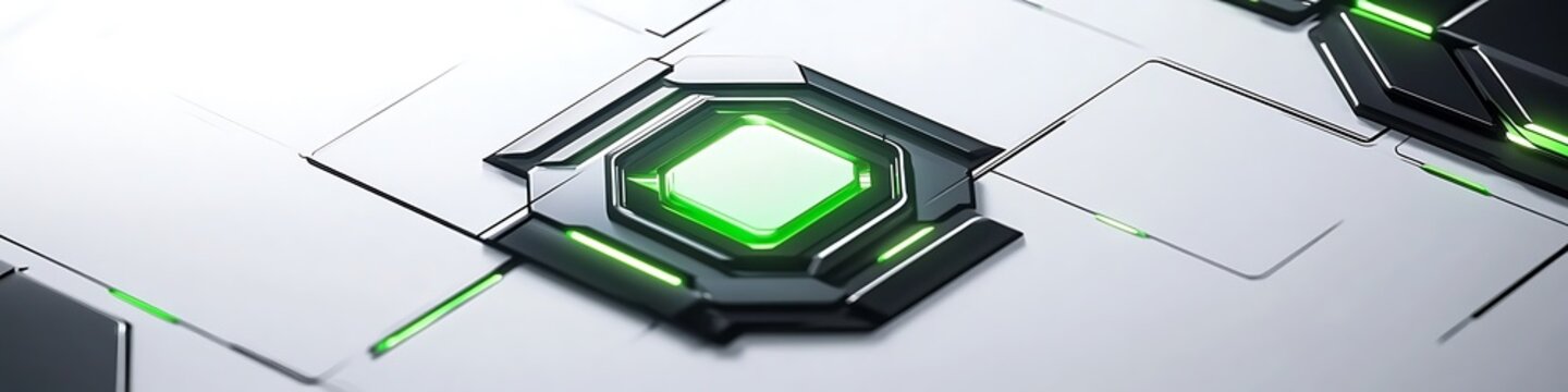 Futuristic logo design with glowing green and black geometric elements on a clean white canvas
