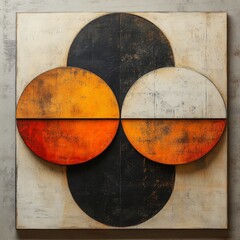 Wall Mural - Abstract geometric artwork featuring bold colors and shapes with circular motifs and a textured background