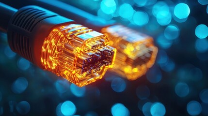 Poster - Closeup perspective of a cable with illuminated light indicating functionality and connectivity