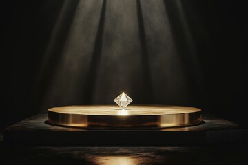 Wall Mural - golden podium with three steps on the left side of an empty black background, illuminated by light beams. The platform is surrounded by four dark corners and features an elegant design.