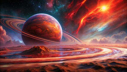 Wall Mural - A Fiery Celestial Body with Rings, Orbiting in a Nebula of Vivid Hues, Over a Desolate, Red Planet