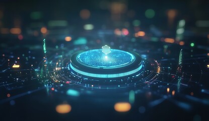 Poster - Exploring Futuristic Interface Designs:  Digital Orb Glows Brightly on a Circuit Board, Showcasing Technological Advancement in Virtual Worlds.
