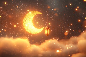Leinwandbilder - 3d rendering of a glowing lantern with a golden moon with clouds and golden small stars. Islamic background for Ramadan