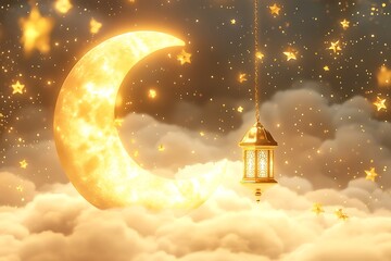 Leinwandbilder - 3d rendering of a glowing lantern with a golden moon with clouds and golden small stars. Islamic background for Ramadan