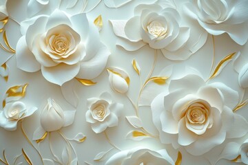 Wall Mural - Elegant white paper roses wall art, gold accents, wedding decor