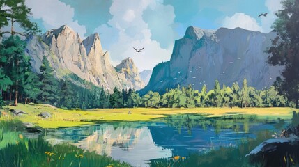 Wall Mural - Majestic valley lake, birds flying, mountains reflecting, idyllic landscape, nature scene