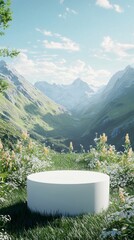 Wall Mural - white podium with a round base is placed in the foreground, surrounded by lush green grass and tall wildflowers.