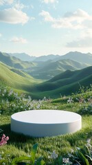 Wall Mural - white podium with a round base is placed in the foreground, surrounded by lush green grass and tall wildflowers.