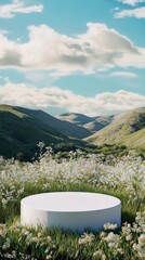 Wall Mural - white podium with a round base is placed in the foreground, surrounded by lush green grass and tall wildflowers.