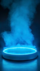 Wall Mural - podium illuminated with blue light, surrounded by smoke and set against an indigo background. The platform is white, and the lighting creates shadows that highlight its round shape.