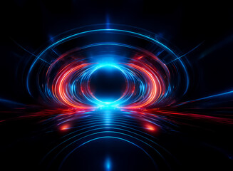Wall Mural - concentric glowing blue and red circles in dark space, creating dynamic depth and motion effect.