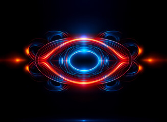 Poster - abstract symmetrical design with glowing red and blue lines on a black backdrop. futuristic and tech