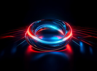 Poster - abstract torus illuminated by vibrant red and blue neon lights. it rests on a dark reflective surfac